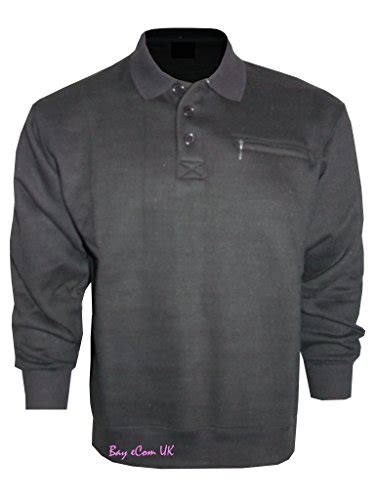 Mens Fleece Polo Jumper Long Sleeve Three Button Zip Pocket Sweatshirt