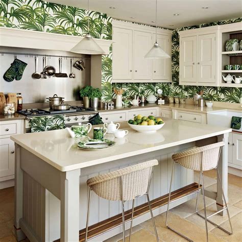 White Wallpaper Kitchen Cabinets