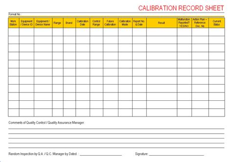 Calibration Record Sheet Format Samples Word Document