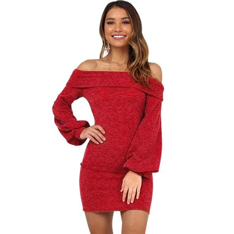 buy new sexy women sweater dress off shoulder lantern sleeve party dress slim