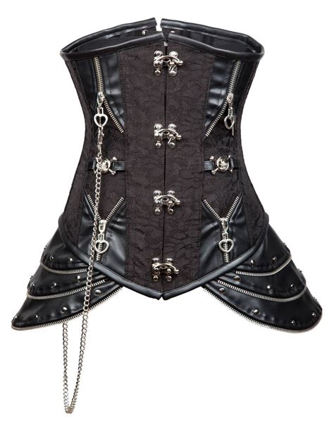 Steampunk Steel Boned Black Jacquard Hipster Underbust Corset With Chain N10906