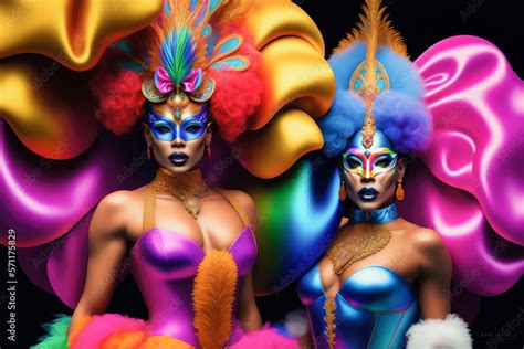 Drag Queens Actress In Glamorous Dresses And Carnival Masks For Show