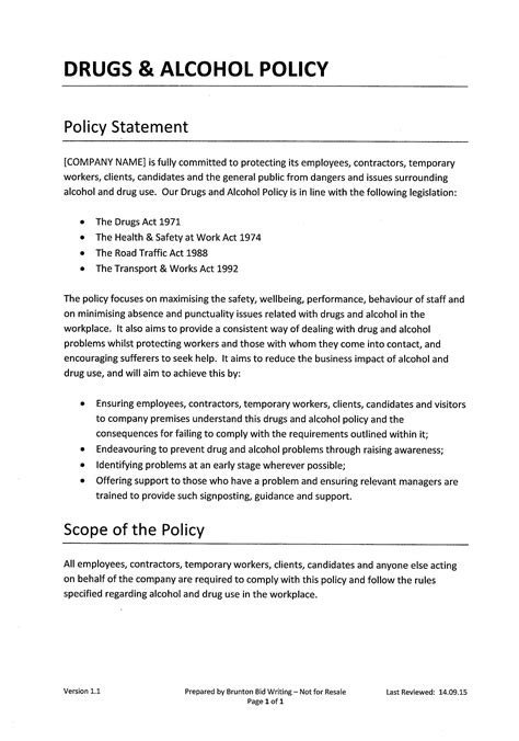 Printable Drug And Alcohol Policy Template Printable Templates