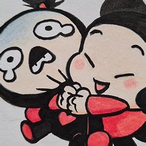 A Drawing Of Mickey And Minnie Kissing Each Other On A White Surface With Red Accents