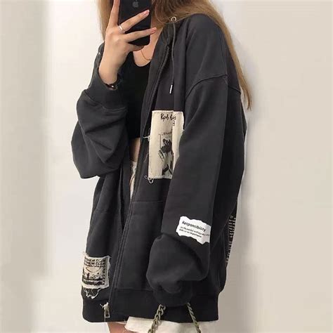 Itgirl Shop Black Gray Grunge Aesthetic Patches Loose Hoodie