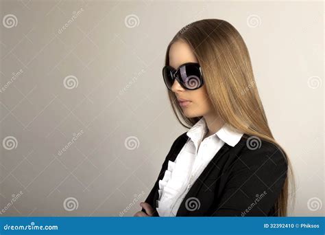 Beautiful Blonde Woman With Sunglasses In Studio Stock Photo Image Of