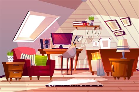 Attic Room Interior Illustration Cartoon Garret Design Background Of