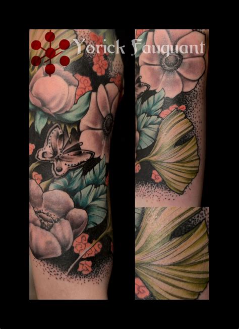 Art Nouveau Flowers And Butterfly Tattoo Pastel Colors And Black