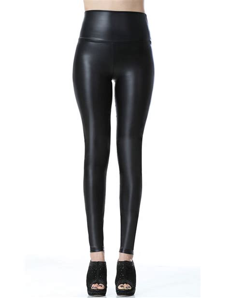 Black Leather Leggings For Women Tummy Control Stretchy Leather Pants