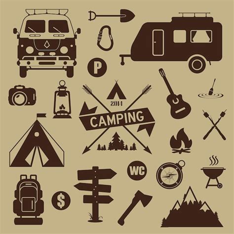 Conjunto De Iconos Y Equipo De Camping Vector Premium