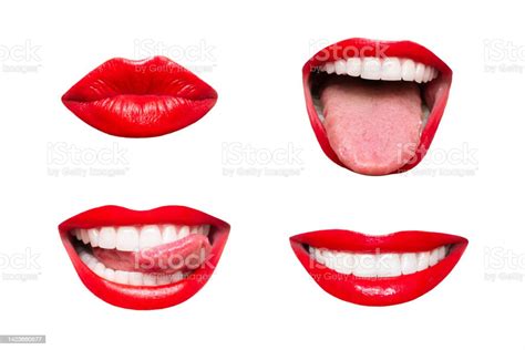 Womans Mouths With Red Glossy Lips Smiling Showing Tongue Kissing