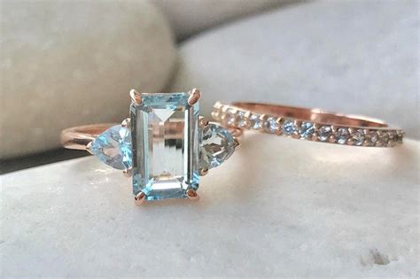 220ct Aquamarine Emerald Cut Bridal Ring Set Aquamarine Etsy