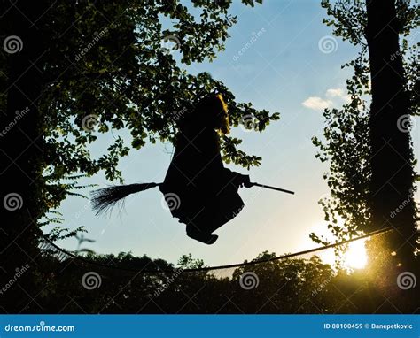 Old Witch Is Flying On A Broomstick Stock Image Image Of Portrait