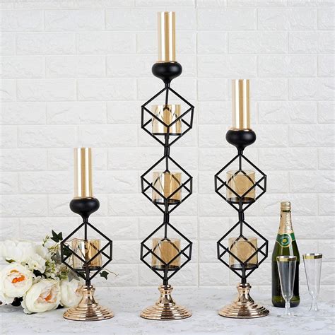 set of 3 geometric candle holder set wholesale with amber glass votives metallic gold