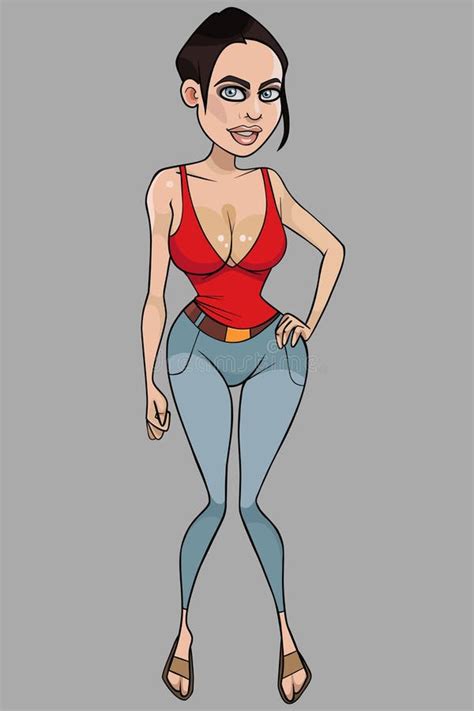 Donna Sexy Con Fumetti In Jeans E Con Un Collare Con Una Collina Profonda Illustrazione