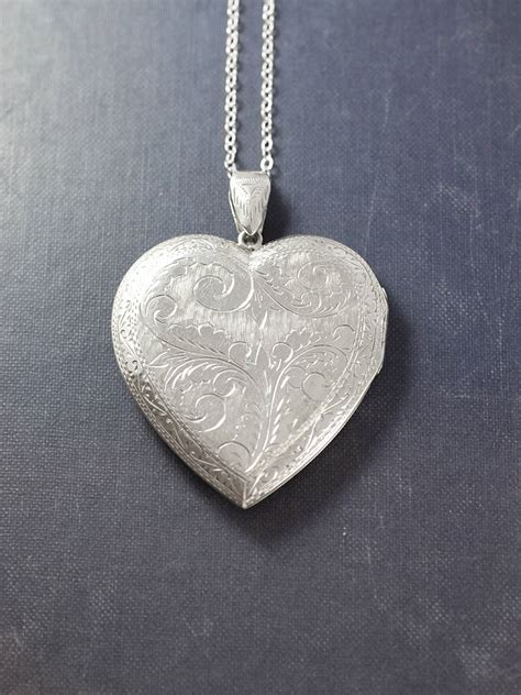 Extra Large Heart Sterling Silver Locket Necklace Vintage Big Heart