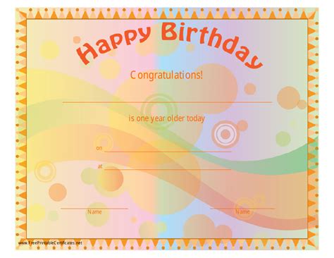 Happy Birthday Certificate Template Orange Download Printable Pdf