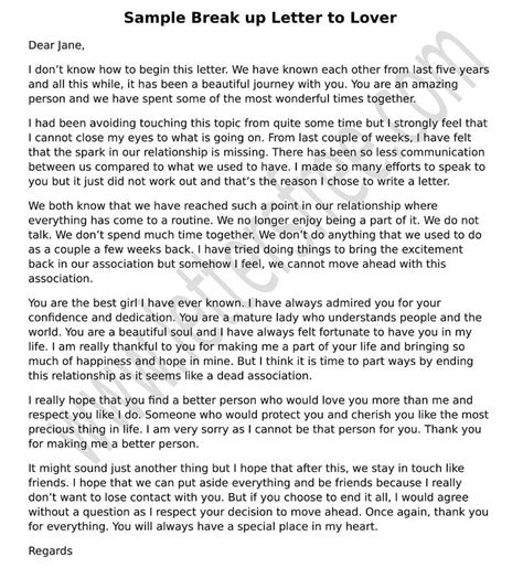 Sample Break Up Letter To Lover Break Up Letter With Girlfriend And