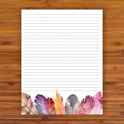 Printable Lined Writing Paper Colorful Feathers A4 85x11 Etsy