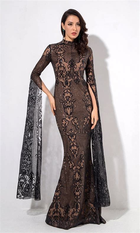 longing for love black lace glitter extra long sleeve mock neck bodycon mermaid maxi dress in