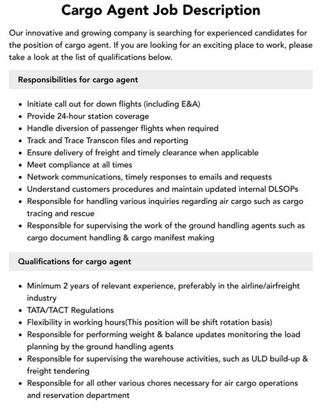 Cargo Agent Job Description Velvet Jobs