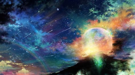 Download Art Tsujiki Planet Night Stars Clouds Rainbow Colorful
