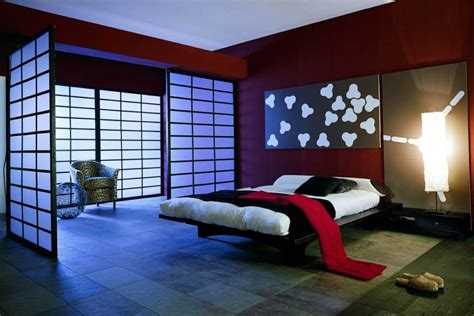 Living room furniture black red pillow on sofa plants japanese inspired ideas. Bedroom in Japanese style
