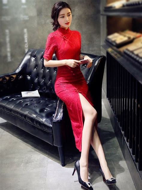 Red Lace Qipao Cheongsam Prom Dress With Split Front Chinese Prom