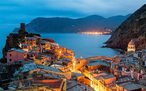 Vernazza Italy Cinque Terre Liguria Evening City Lights Houses Wallpaper Travel And