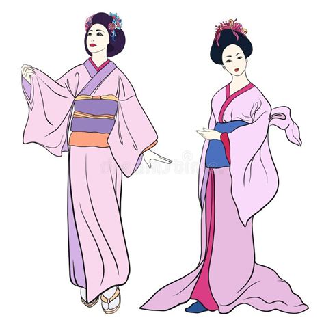 Young Women In Traditional Japanese Kimono Isolated Drawing St Stock