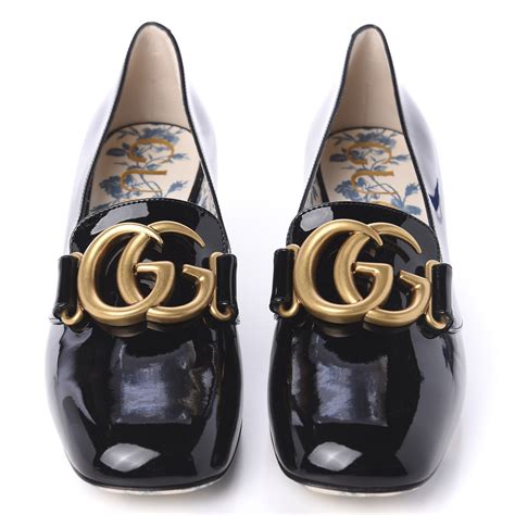 Gucci Patent Gg Marmont Mid Heel Loafer Pumps 355 Black 613406