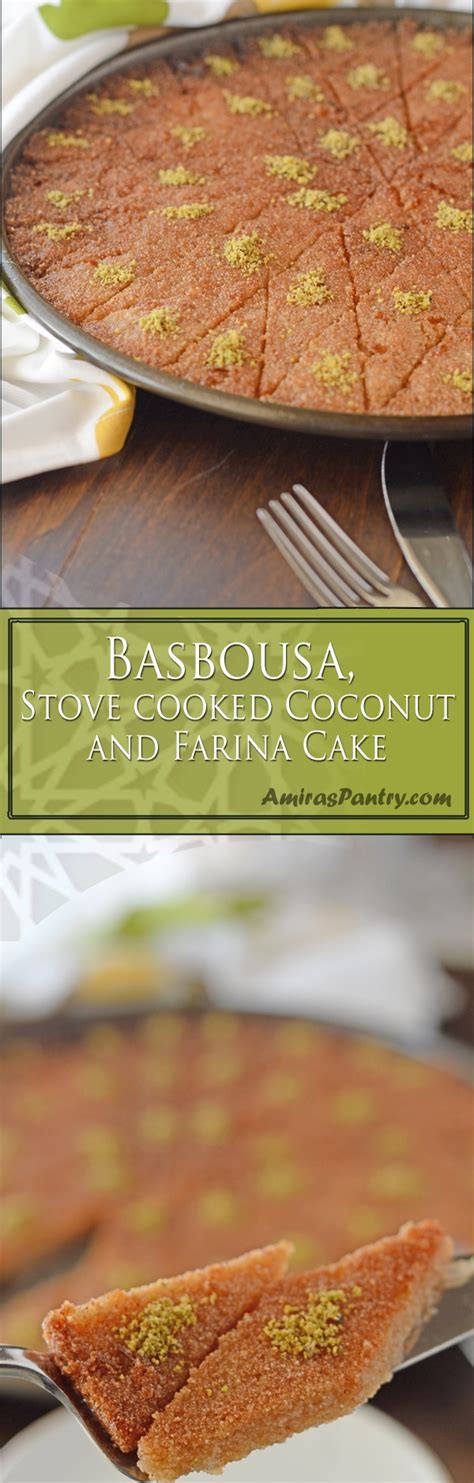 Preheat oven to 375°f (190°c); Basbousa, Stove cooked Coconut and Farina Cake | Amira's Pantry