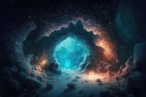 Una Caverna Congelada Iluminada Por El Resplandor De Cristales Mágicos