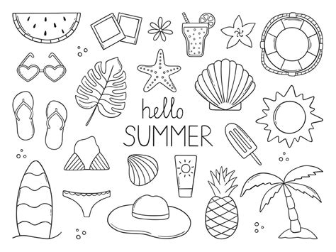Set Of Summer Doodle Summer Beach Elements In Sketch Style Hand Drawn