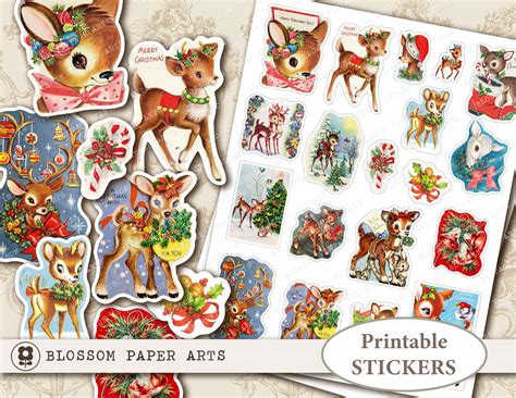 Printable Stickers Vintage Deer Christmas Stickers Digital Etsy