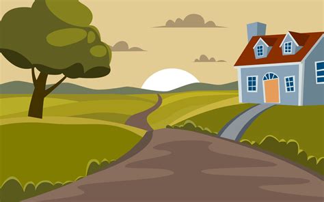 Cute Cartoon Countryside Landscape With House And Road 2042702 Vector