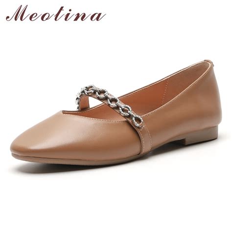 Meotina Mary Janes Shoes Women Natural Real Leather Ballet Flats Shoes