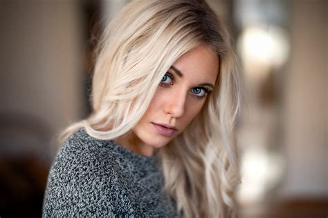 Women Model Blonde Face Blue Eyes Portrait Sweater