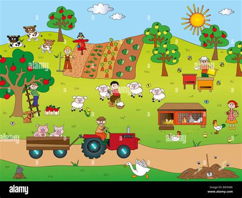 Illustration Of Country Landscape With Farm Animals Stock Photo