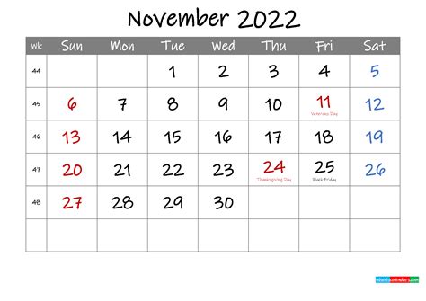 Editable November 2022 Calendar With Holidays Template Ink22m11