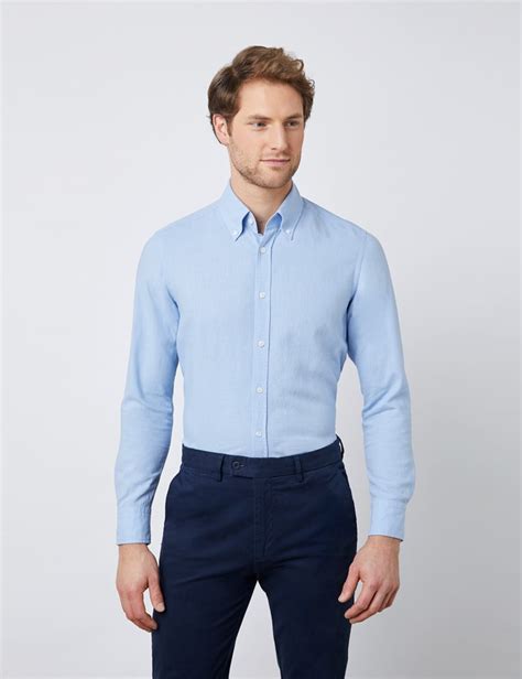 Mens Light Blue Slim Fit Linen Mix Shirt Button Down Collar Hawes