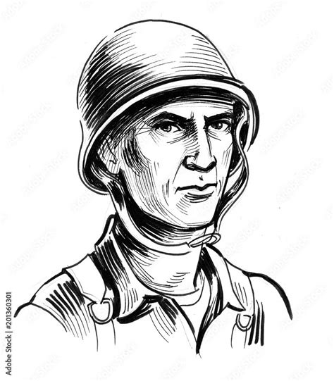 Ink Black And White Drawing Of A World War 2 American Soldier In Helmet