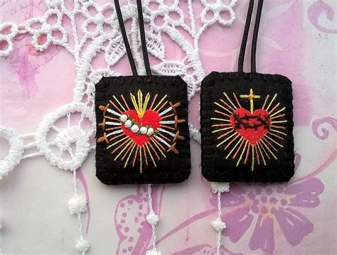 Hand Embroidered Black Scapular Of The Seven Sorrows Of Mary Woven Wool