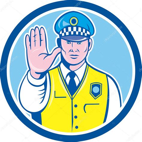 Traffic Policeman Hand Stop Sign Circle Cartoon — Stock Vector
