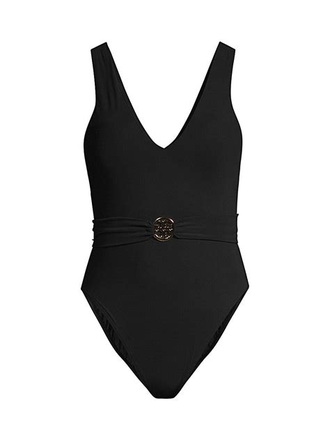 Tory Burch Womens Miller Plunge Belted One Piece Swimsuit Black