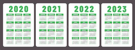 Calendar 2020 2021 2022 And 2023 English Color Vector Set Week