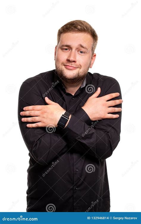 Guy On A White Background Freezes Hugging Myself Stock Photo Image Of