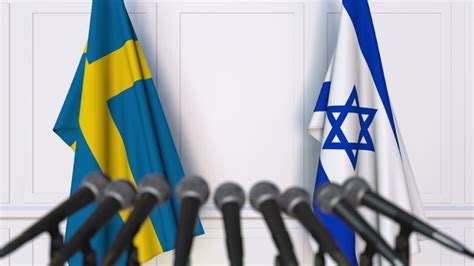 Flags Of Sweden And Israel At International Press Conference Motion