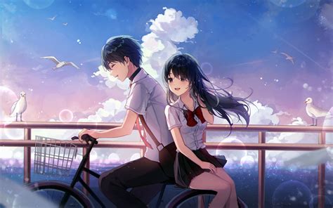 Anime Anime Girls Eunyoo Artwork Anime Boys Couple Bicycle Sky School