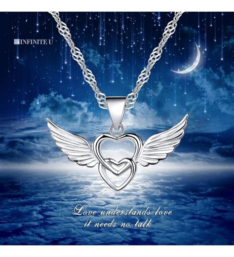 Sterling Silver Double Hearts Angel Wings Pendant Necklace Rose Gold Silver Silver